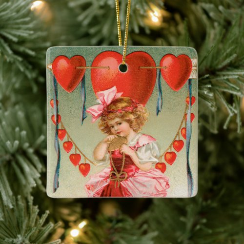 Vintage Valentines Day Victorian Girl with Hearts Ceramic Ornament