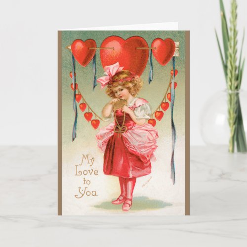 Vintage Valentines Day Victorian Girl with Hearts Holiday Card