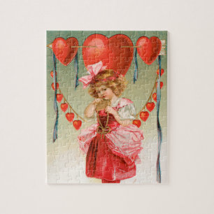 Vintage Valentines Day, Victorian Girl with Hearts Jigsaw Puzzle