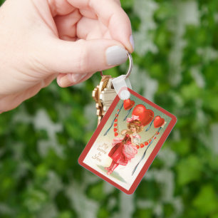 Vintage Valentines Day, Victorian Girl with Hearts Keychain