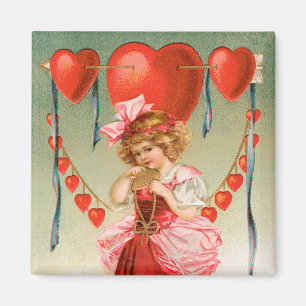 Vintage Valentines Day, Victorian Girl with Hearts Magnet
