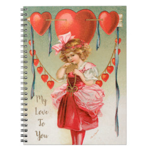 Vintage Valentines Day, Victorian Girl with Hearts Notebook