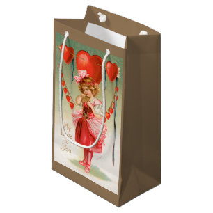 Vintage Valentines Day, Victorian Girl with Hearts Small Gift Bag