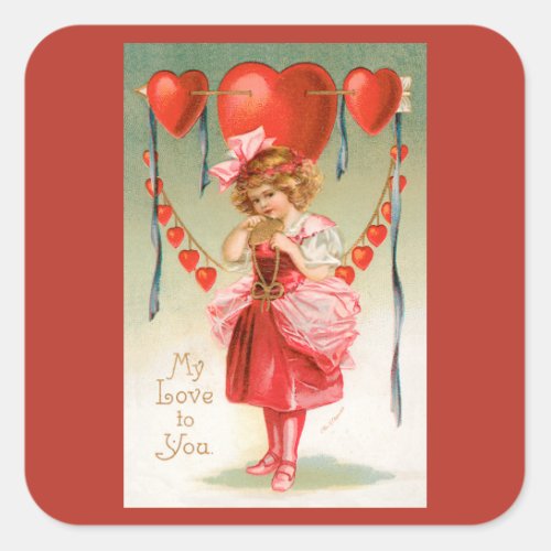 Vintage Valentines Day Victorian Girl with Hearts Square Sticker