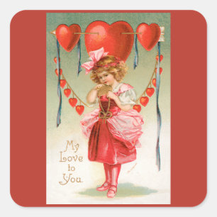 Vintage Valentines Day, Victorian Girl with Hearts Square Sticker