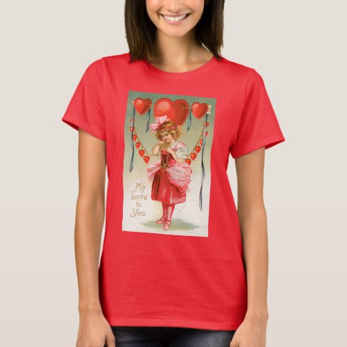 Vintage Valentines Day Victorian Girl with Hearts T_Shirt