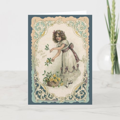 Vintage Valentines Day Victorian Girl with Roses Holiday Card