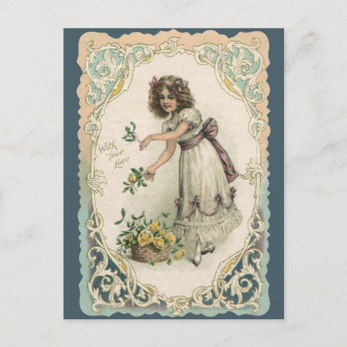 Vintage Valentines Day Victorian Girl with Roses Holiday Postcard