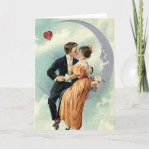 Vintage Valentine's Day Victorian Kiss on the Moon Holiday Card