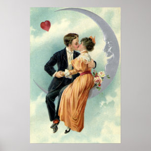 Vintage Valentine's Day Victorian Kiss on the Moon Poster