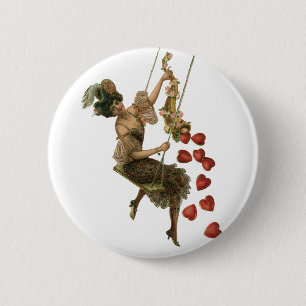Vintage Valentine's Day, Victorian Lady on a Swing Button