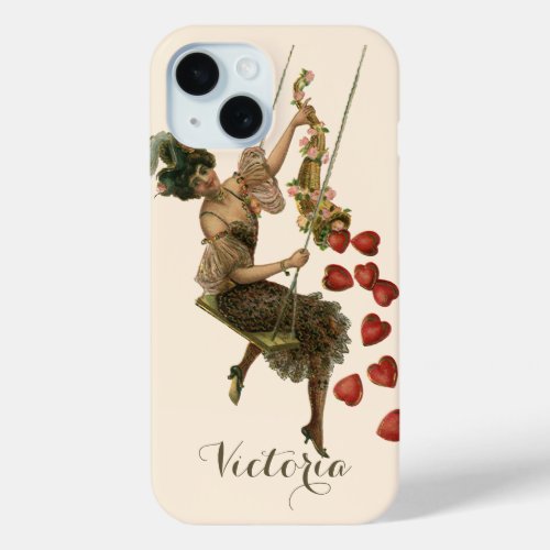 Vintage Valentines Day Victorian Lady on a Swing iPhone 15 Case