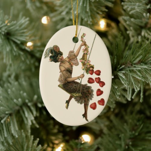 Vintage Valentines Day Victorian Lady on a Swing Ceramic Ornament