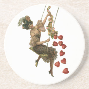 Vintage Valentine's Day, Victorian Lady on a Swing Drink Coaster