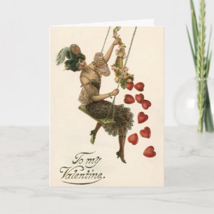 Vintage Valentine's Day, Victorian Lady on a Swing Holiday Card