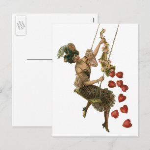 Vintage Valentine's Day, Victorian Lady on a Swing Holiday Postcard