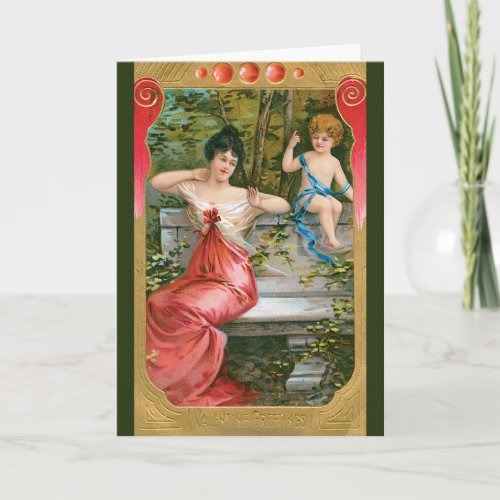 Vintage Valentines Day Victorian Lady with Cherub Holiday Card