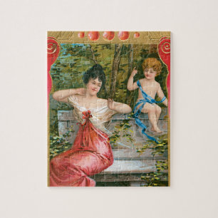 Vintage Valentines Day, Victorian Lady with Cherub Jigsaw Puzzle
