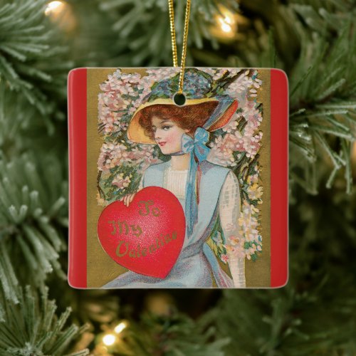 Vintage Valentines Day Victorian Lady with Heart Ceramic Ornament