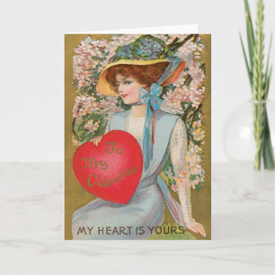 Vintage Valentines Day, Victorian Lady with Heart Holiday Card