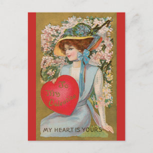 Vintage Valentines Day, Victorian Lady with Heart Holiday Postcard