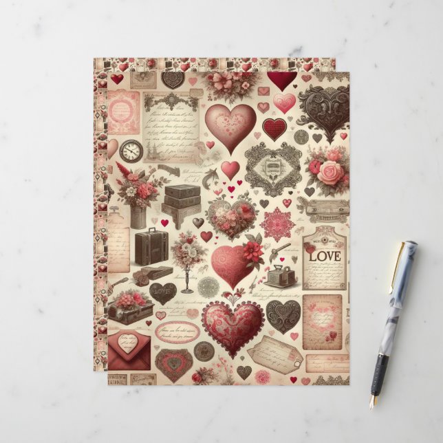 Vintage Valentines Ephemera Scrapbook Paper (Front/Back In Situ)