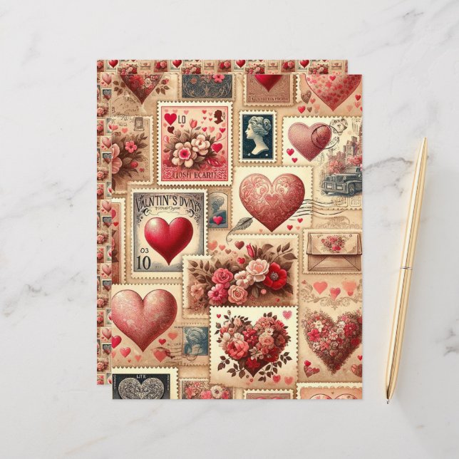 Vintage Valentines Ephemera Scrapbook Paper (Front/Back In Situ)