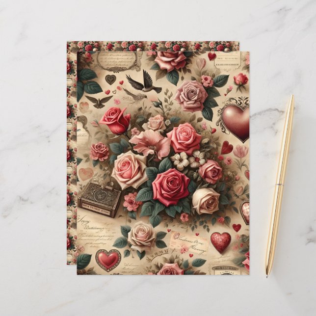 Vintage Valentines Ephemera Scrapbook Paper (Front/Back In Situ)