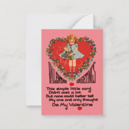 Vintage Valentines Heart Wreath and Girl Classroom Note Card