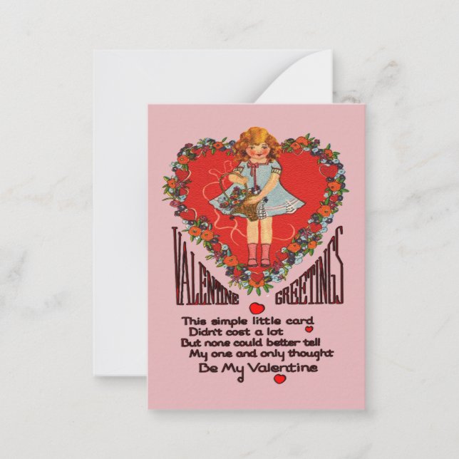 Vintage Valentines Heart Wreath & Girl Kids Cards (Front)