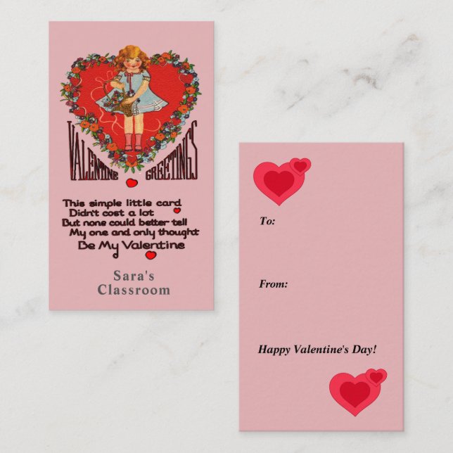 Vintage Valentines Heart Wreath Girl School Share Note Card (Front/Back)