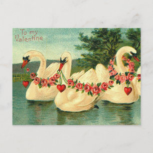 Vintage Valentines Swans and Hearts Holiday Postcard