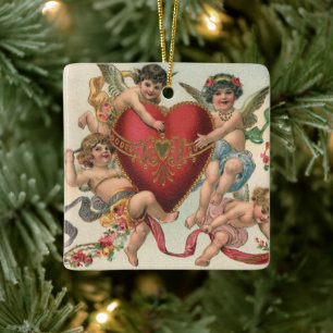 Vintage Valentines, Victorian Angels Cherubs Heart Ceramic Ornament