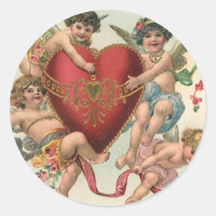 Vintage Valentines, Victorian Angels Cherubs Heart Classic Round Sticker