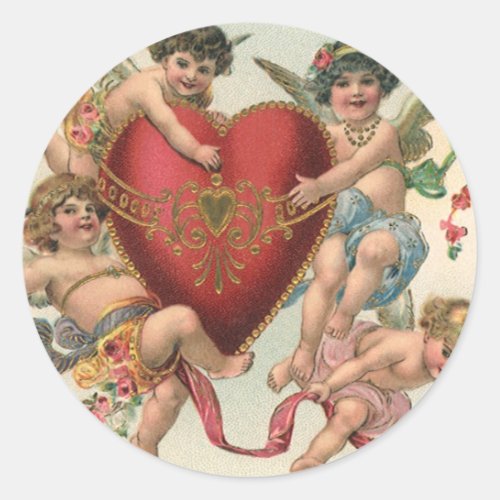 Vintage Valentines Victorian Angels Cherubs Heart Classic Round Sticker
