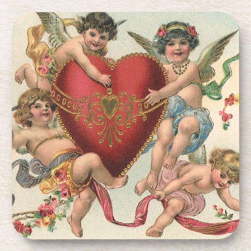 Vintage Valentines Victorian Angels Cherubs Heart Coaster