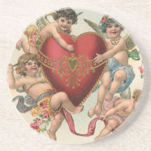 Vintage Valentines, Victorian Angels Cherubs Heart Drink Coaster