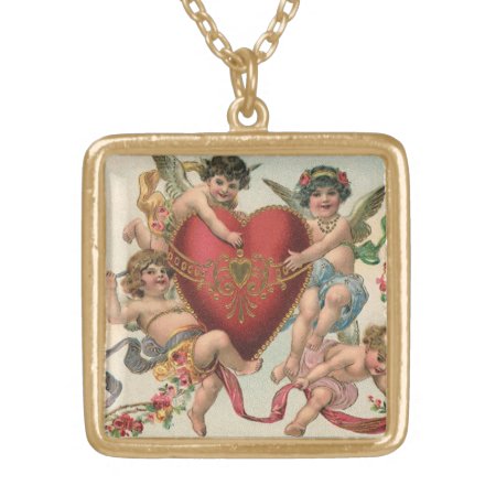 Vintage Valentines, Victorian Angels Cherubs Heart Gold Plated Necklac
