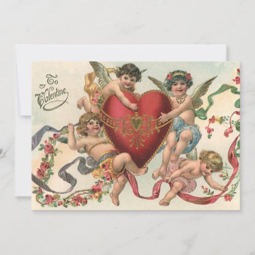 Vintage Valentines Victorian Angels Cherubs Heart Holiday Card