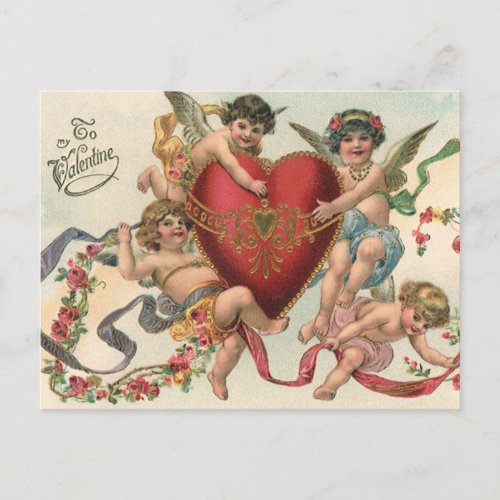 Vintage Valentines Victorian Angels Cherubs Heart Holiday Postcard
