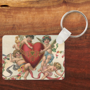 Vintage Valentines, Victorian Angels Cherubs Heart Keychain
