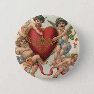 Vintage Valentines, Victorian Angels Cherubs Heart Pinback Button
