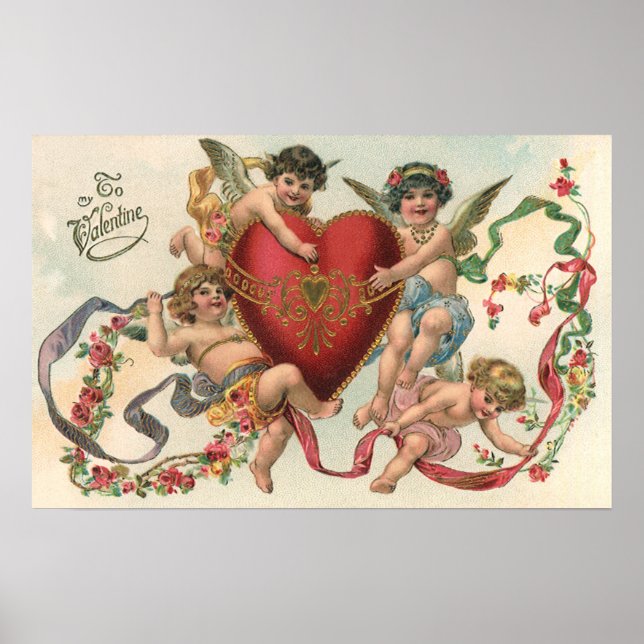 Vintage Valentines, Victorian Angels Cherubs Heart Poster (Front)