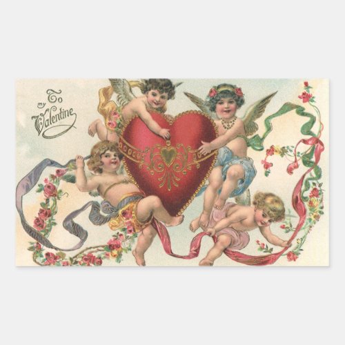 Vintage Valentines Victorian Angels Cherubs Heart Rectangular Sticker