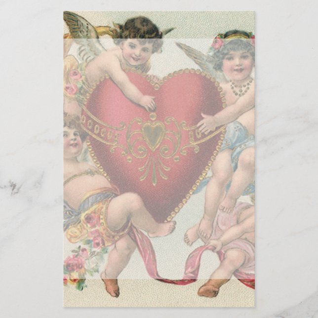 Vintage Valentines, Victorian Angels Cherubs Heart Stationery (Front)
