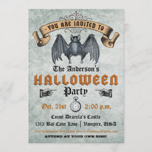 Vintage Vampire Bat Halloween Invitation