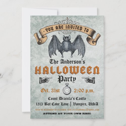 Vintage Vampire Bat Halloween Invitation