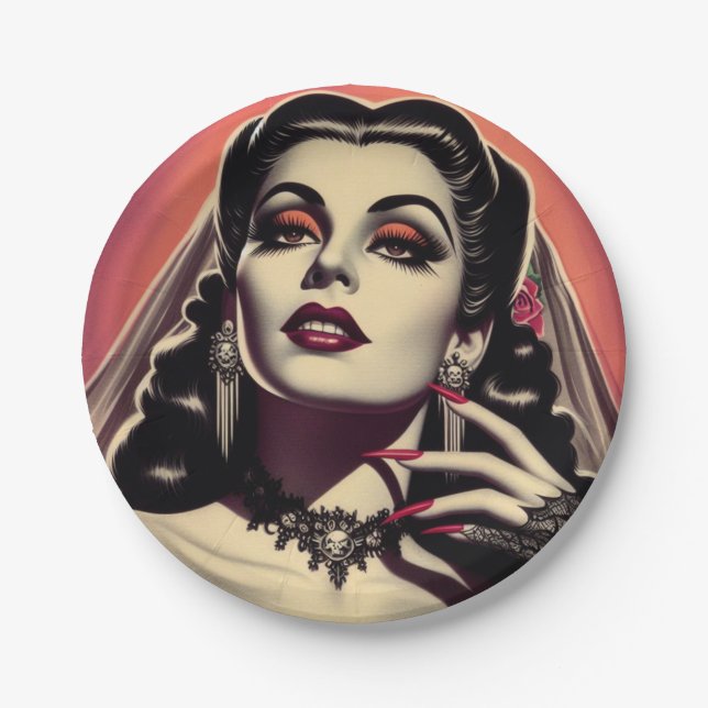 Vintage Vampire Woman Paper Plates (Front)
