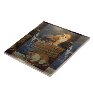 Vintage Van den Eycken Three Cats on a Desk Ceramic Tile