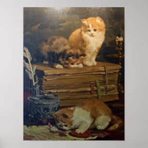 Vintage Van den Eycken Three Cats on a Desk Poster